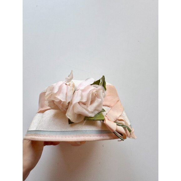 Vintage Ivory Straw Weave Pale Pink Grosgrain Ribbon Faux Flower Cloche Hat - Picture 7 of 16